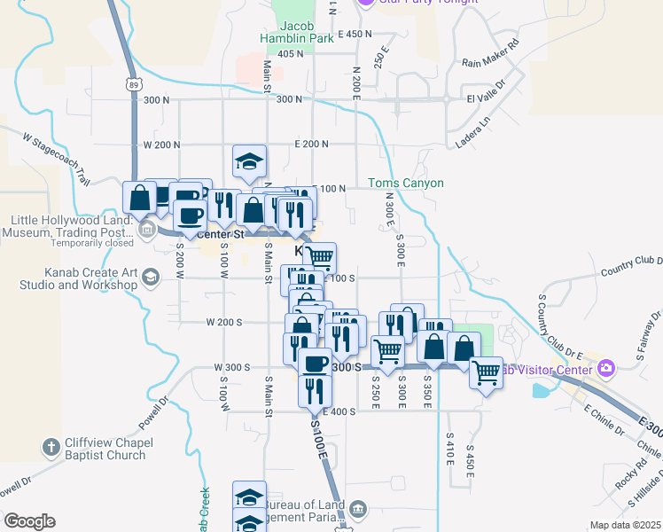 map of restaurants, bars, coffee shops, grocery stores, and more near 101-199 E 100 S in Kanab