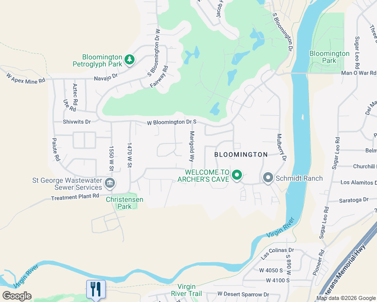 map of restaurants, bars, coffee shops, grocery stores, and more near 3611 Marigold Way in St. George