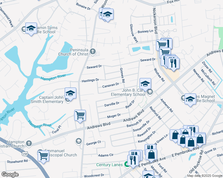 map of restaurants, bars, coffee shops, grocery stores, and more near 1825 Hurst Drive in Hampton
