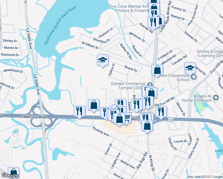 map of restaurants, bars, coffee shops, grocery stores, and more near 141 Ransone Street in Hampton