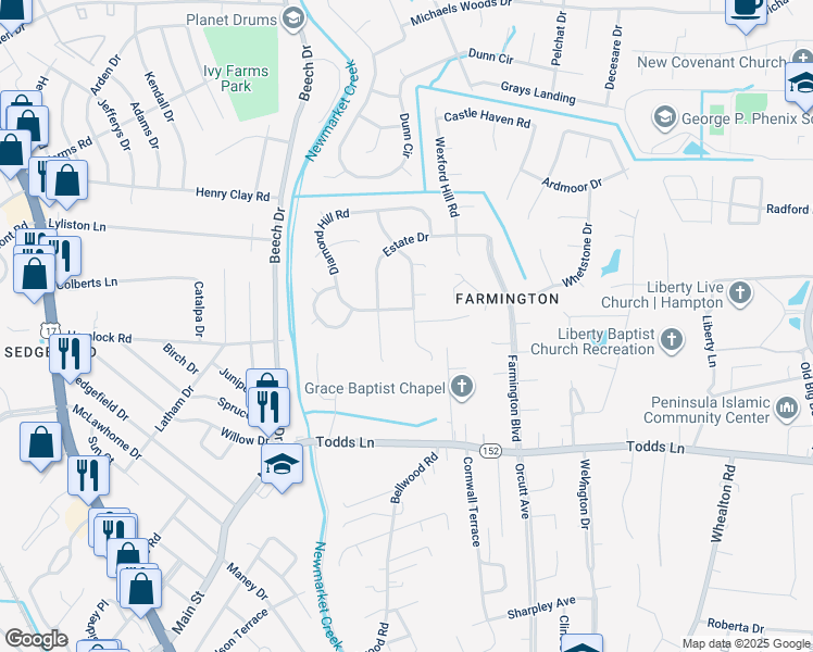 map of restaurants, bars, coffee shops, grocery stores, and more near 43 Edenbrook Drive in Hampton