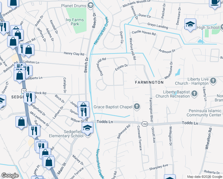 map of restaurants, bars, coffee shops, grocery stores, and more near 50 Estate Drive in Hampton