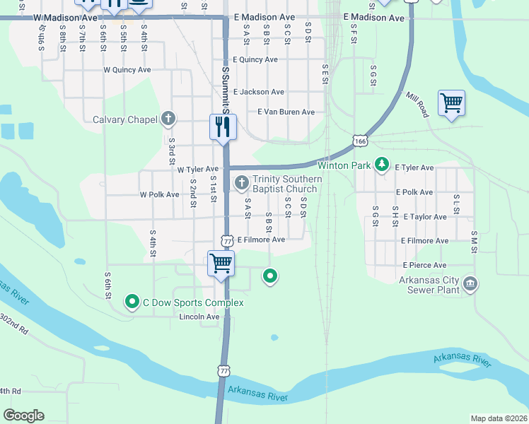 map of restaurants, bars, coffee shops, grocery stores, and more near 228 East Taylor Avenue in Arkansas City