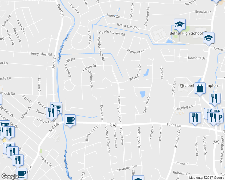 map of restaurants, bars, coffee shops, grocery stores, and more near 5 Fernwood Circle in Hampton