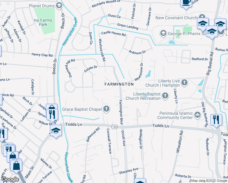 map of restaurants, bars, coffee shops, grocery stores, and more near 5 Fernwood Circle in Hampton