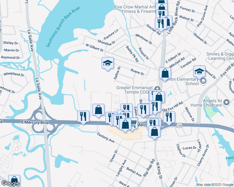 map of restaurants, bars, coffee shops, grocery stores, and more near 141 Ransone Street in Hampton