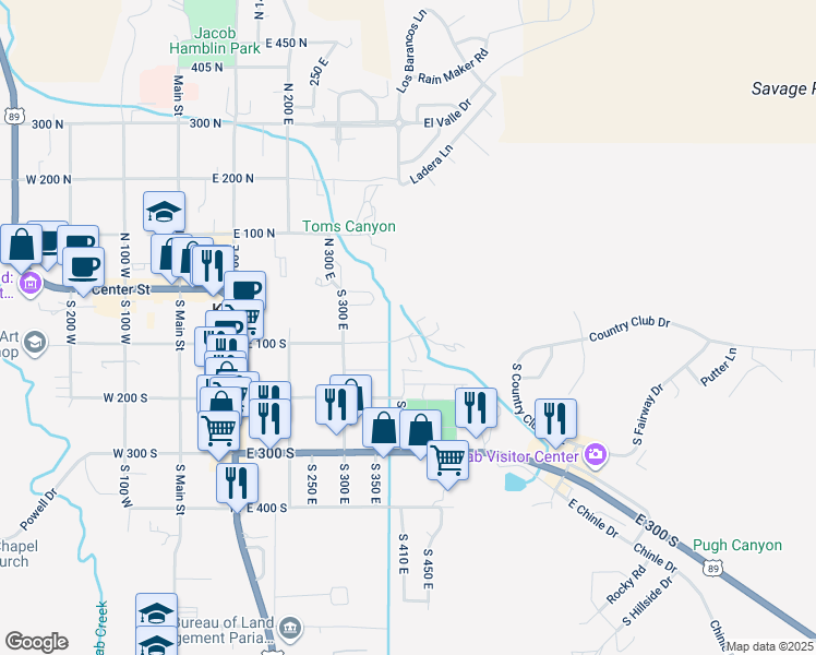 map of restaurants, bars, coffee shops, grocery stores, and more near 441 East 100 South in Kanab