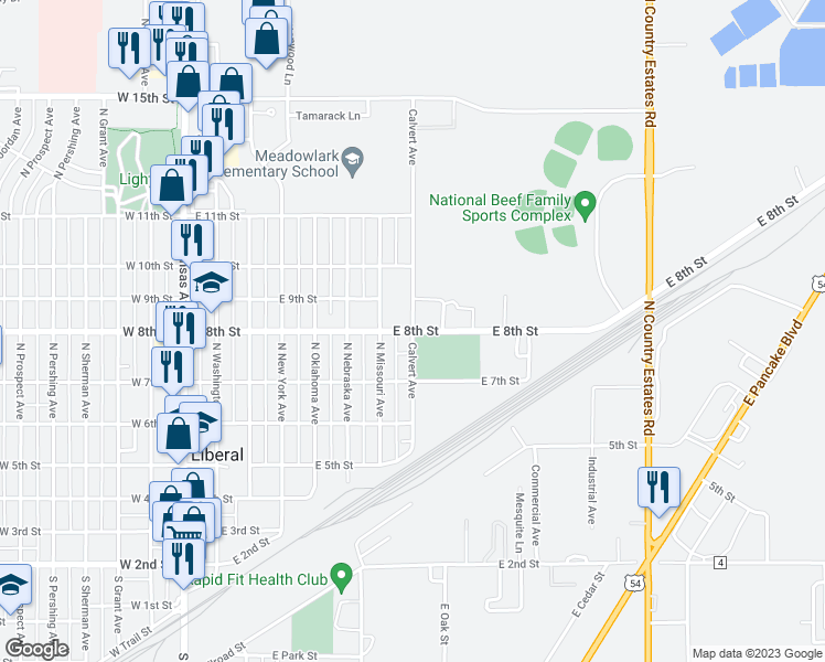 map of restaurants, bars, coffee shops, grocery stores, and more near 699 East 8th Street in Liberal