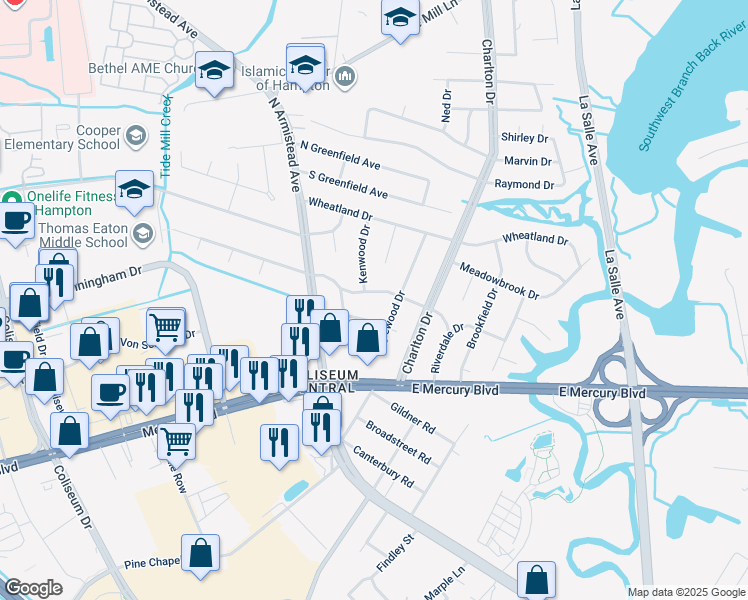 map of restaurants, bars, coffee shops, grocery stores, and more near 23 Westbrook Drive in Hampton