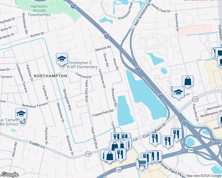 map of restaurants, bars, coffee shops, grocery stores, and more near 121 Bonwood Road in Hampton