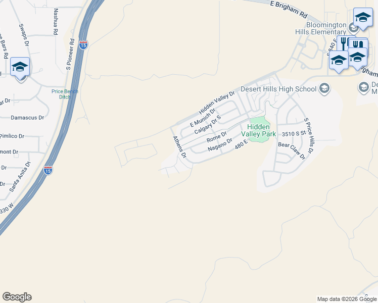 map of restaurants, bars, coffee shops, grocery stores, and more near 258 Nagano Drive in St. George