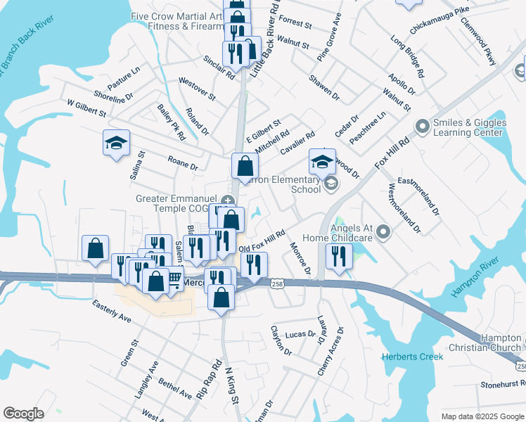 map of restaurants, bars, coffee shops, grocery stores, and more near 823 Jonquil Lane in Hampton