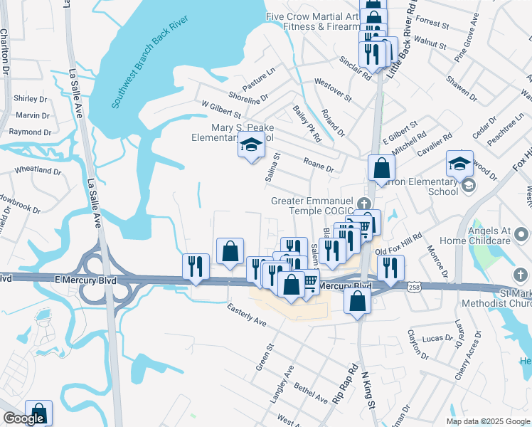 map of restaurants, bars, coffee shops, grocery stores, and more near 171 Parkway Drive in Hampton