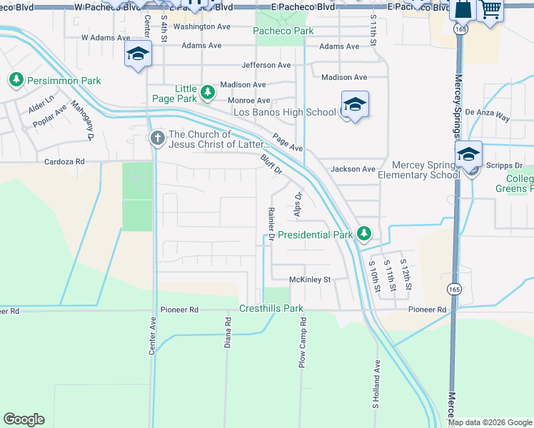 map of restaurants, bars, coffee shops, grocery stores, and more near 1966 Rainier Drive in Los Banos