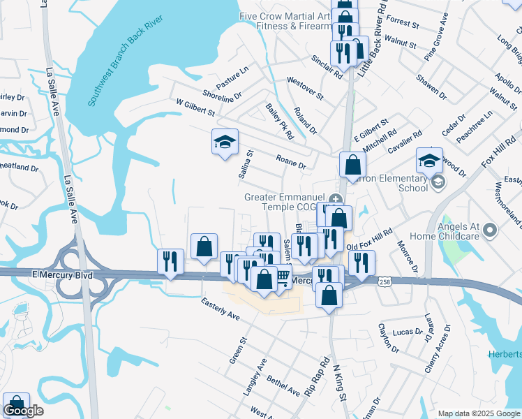 map of restaurants, bars, coffee shops, grocery stores, and more near 141 Ransone Street in Hampton