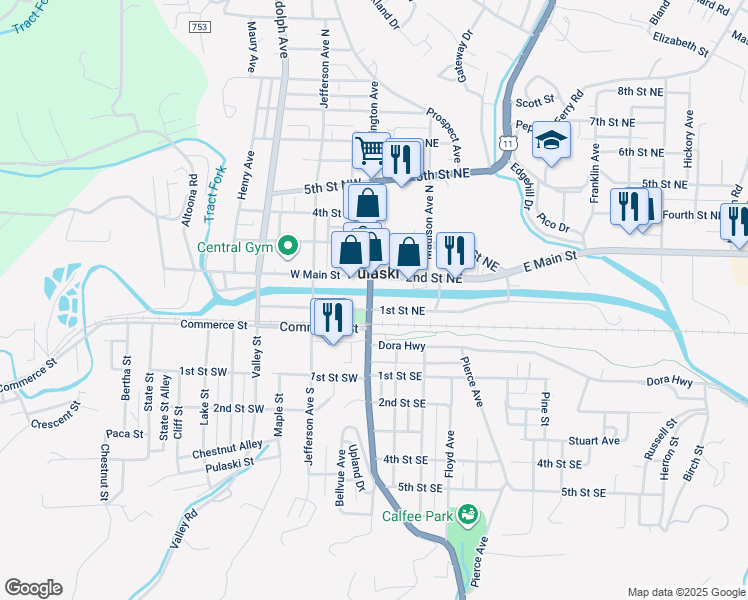 map of restaurants, bars, coffee shops, grocery stores, and more near 106 North Washington Avenue in Pulaski
