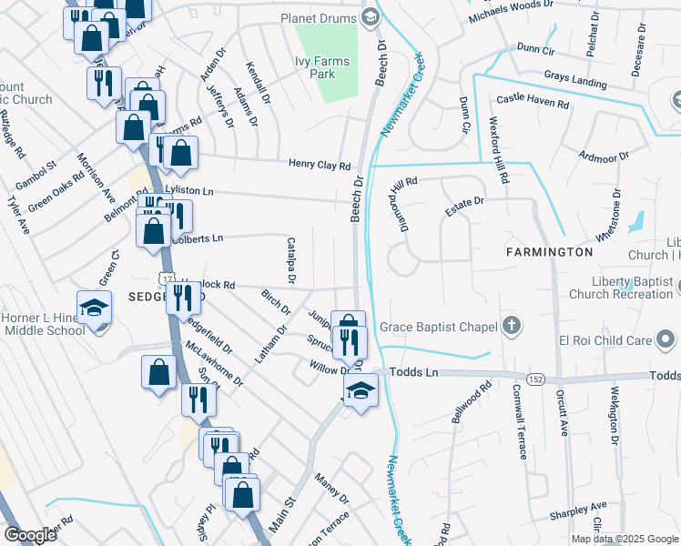map of restaurants, bars, coffee shops, grocery stores, and more near 504 Brentwood Drive in Newport News