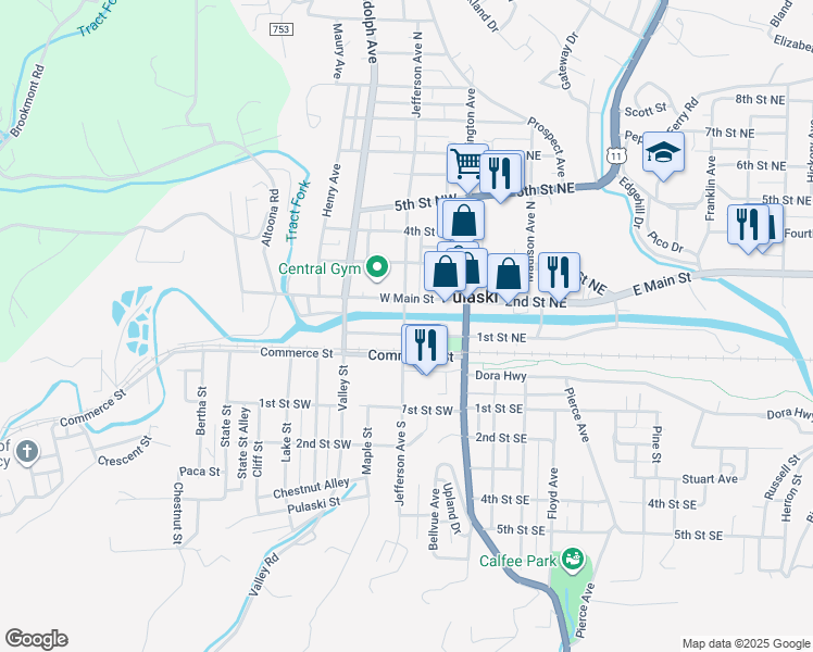 map of restaurants, bars, coffee shops, grocery stores, and more near 101 Jefferson Avenue North in Pulaski