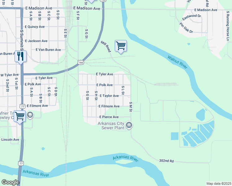 map of restaurants, bars, coffee shops, grocery stores, and more near 1322 South K Street in Arkansas City