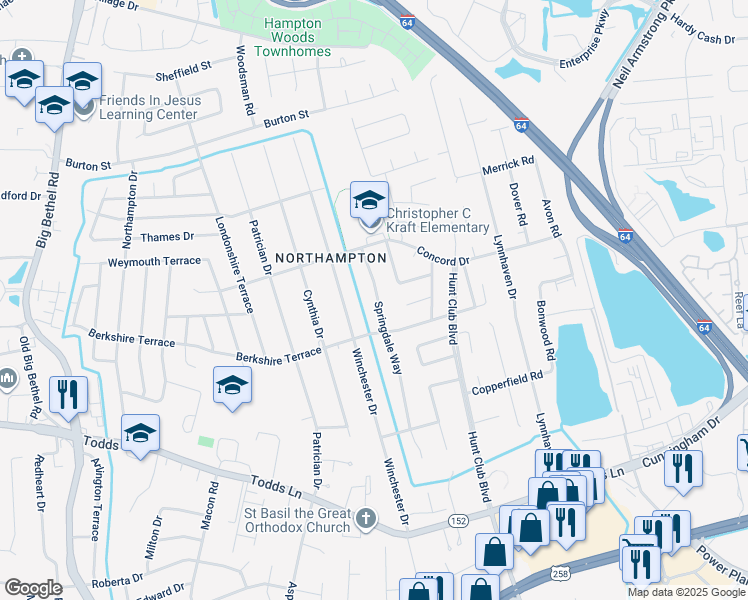 map of restaurants, bars, coffee shops, grocery stores, and more near 211 Springdale Way in Hampton