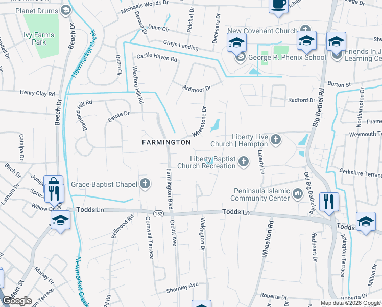 map of restaurants, bars, coffee shops, grocery stores, and more near 2 Post Oak Court in Hampton