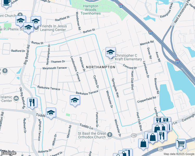 map of restaurants, bars, coffee shops, grocery stores, and more near 214 Cynthia Drive in Hampton