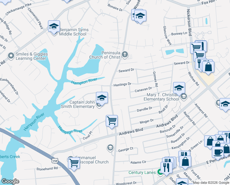 map of restaurants, bars, coffee shops, grocery stores, and more near 380 Woodland Road in Hampton