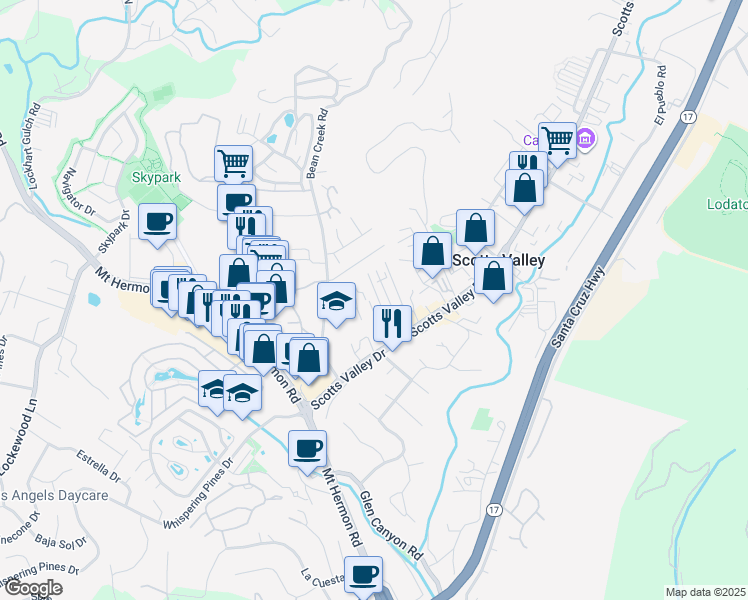 map of restaurants, bars, coffee shops, grocery stores, and more near 17 Tramell Way in Scotts Valley