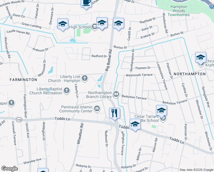 map of restaurants, bars, coffee shops, grocery stores, and more near 1018 Big Bethel Road in Hampton