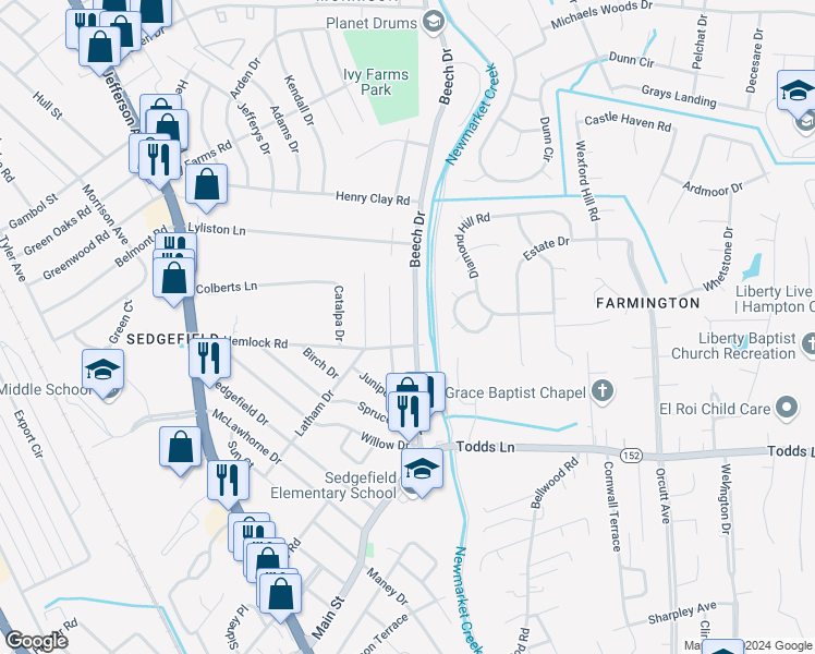 map of restaurants, bars, coffee shops, grocery stores, and more near 505 Beech Drive in Newport News