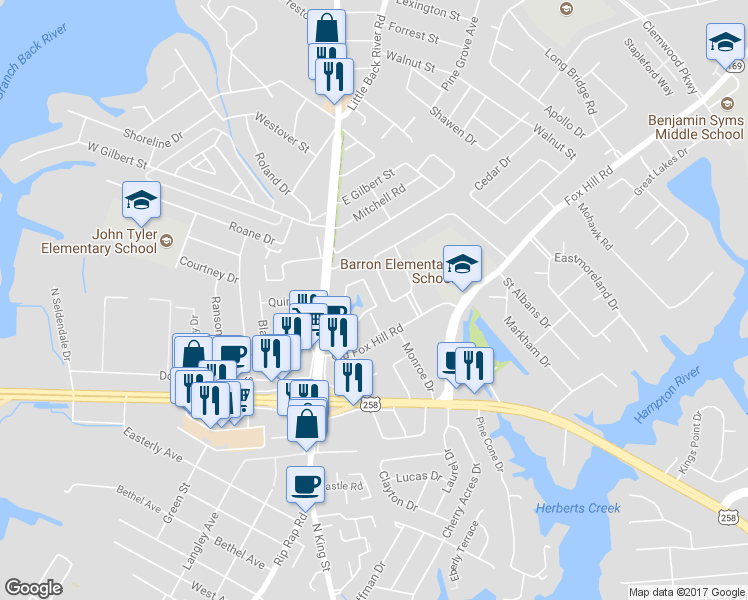 map of restaurants, bars, coffee shops, grocery stores, and more near 932 Jonquil Lane in Hampton