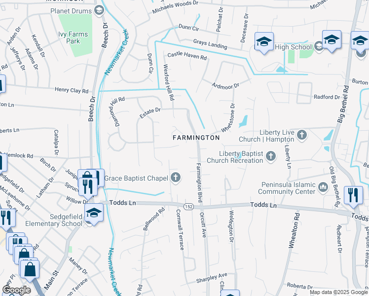 map of restaurants, bars, coffee shops, grocery stores, and more near 6 Fernwood Circle in Hampton