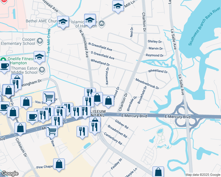 map of restaurants, bars, coffee shops, grocery stores, and more near 23 Westbrook Drive in Hampton