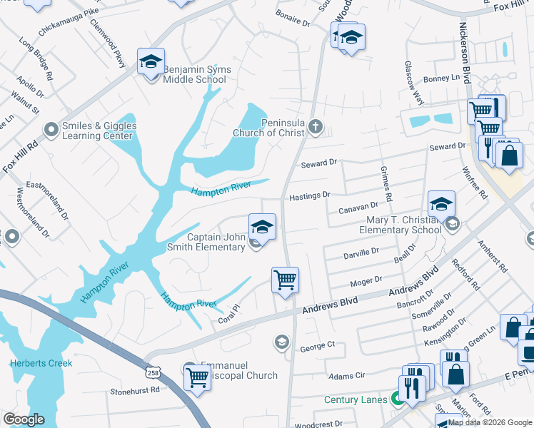 map of restaurants, bars, coffee shops, grocery stores, and more near 332 Alcove Drive in Hampton