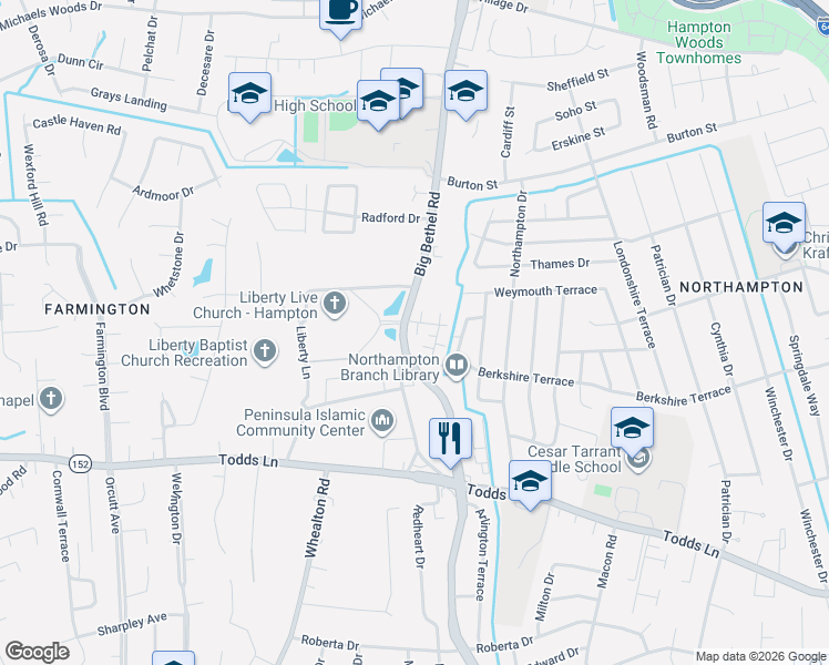 map of restaurants, bars, coffee shops, grocery stores, and more near 1018 Big Bethel Road in Hampton