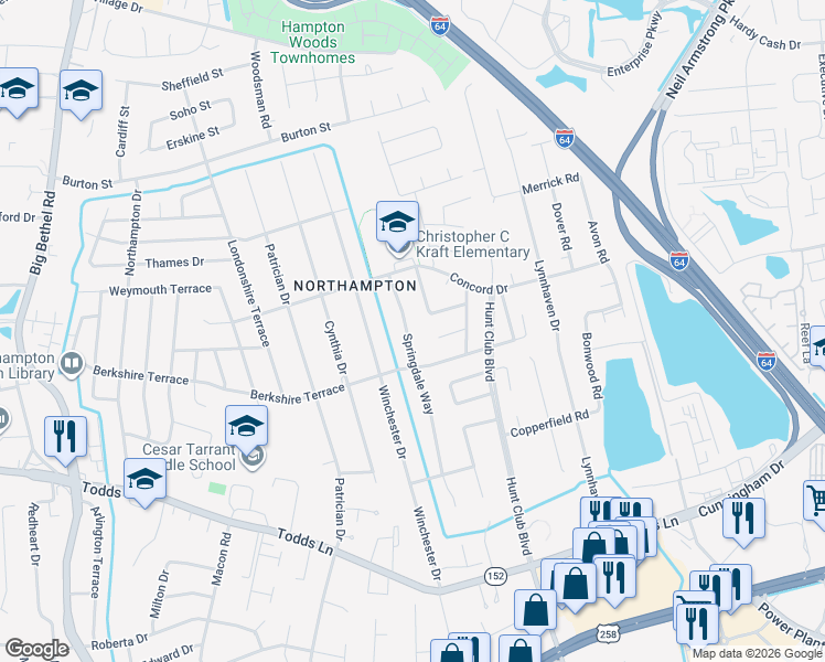 map of restaurants, bars, coffee shops, grocery stores, and more near 210 Springdale Way in Hampton