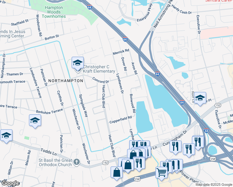 map of restaurants, bars, coffee shops, grocery stores, and more near 6 Beatrice Drive in Hampton