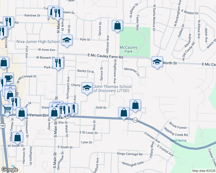 map of restaurants, bars, coffee shops, grocery stores, and more near 616 Cherry Street in Nixa