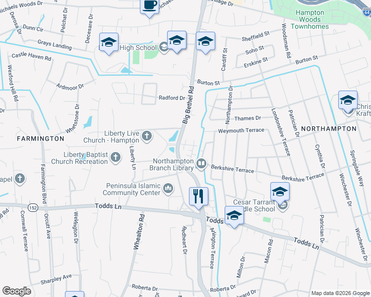 map of restaurants, bars, coffee shops, grocery stores, and more near 1018 Big Bethel Road in Hampton