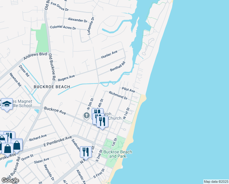 map of restaurants, bars, coffee shops, grocery stores, and more near 300 Richmond Drive in Hampton
