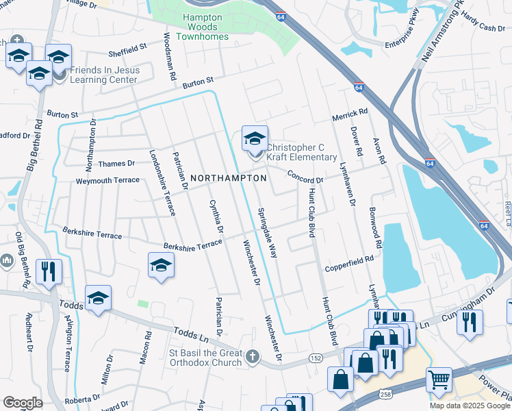 map of restaurants, bars, coffee shops, grocery stores, and more near 211 Springdale Way in Hampton