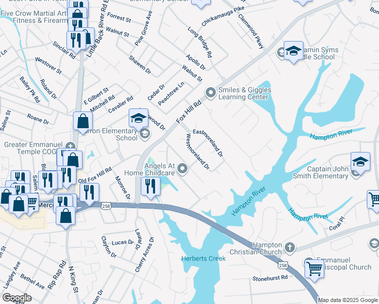 map of restaurants, bars, coffee shops, grocery stores, and more near 20 Westmoreland Drive in Hampton