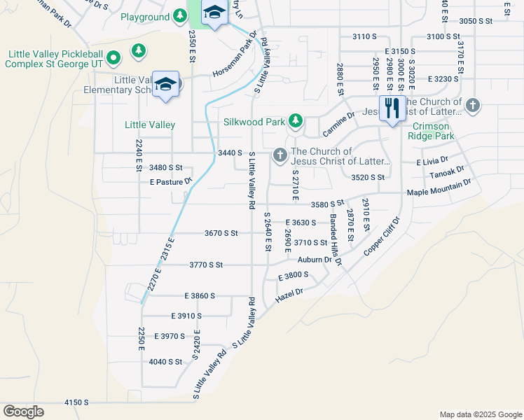 map of restaurants, bars, coffee shops, grocery stores, and more near 3596 South 2640 East Street in St. George