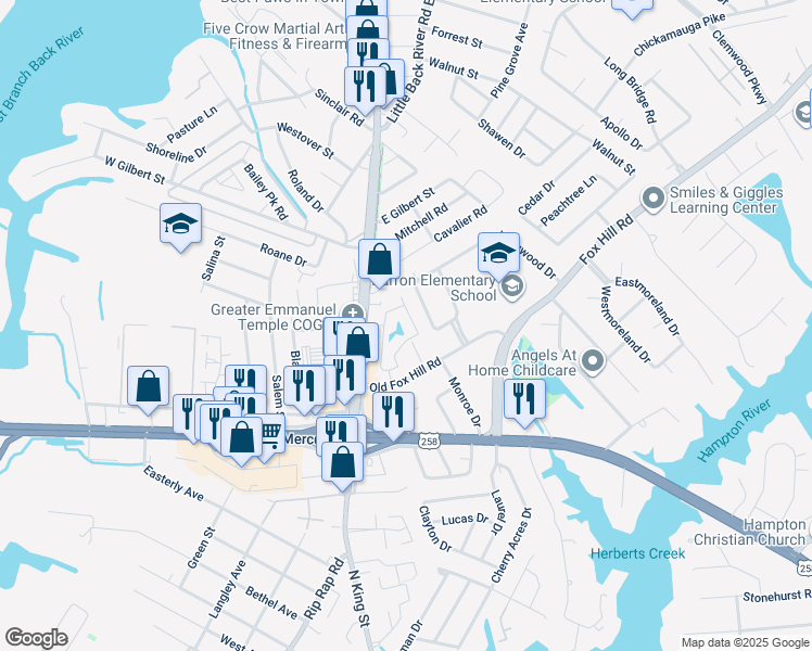 map of restaurants, bars, coffee shops, grocery stores, and more near 824 Jonquil Lane in Hampton