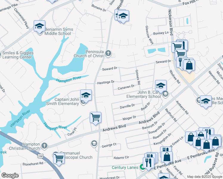 map of restaurants, bars, coffee shops, grocery stores, and more near 1709 Rozzelle Road in Hampton