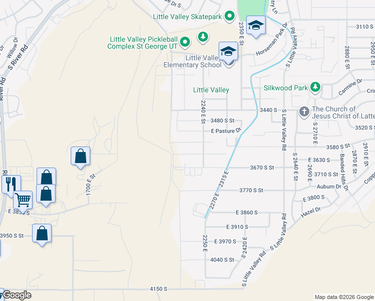 map of restaurants, bars, coffee shops, grocery stores, and more near 2167 East Fieldstone Drive in St. George