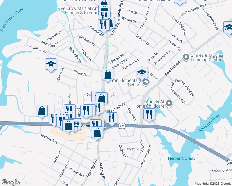 map of restaurants, bars, coffee shops, grocery stores, and more near 9 Longwood Drive in Hampton