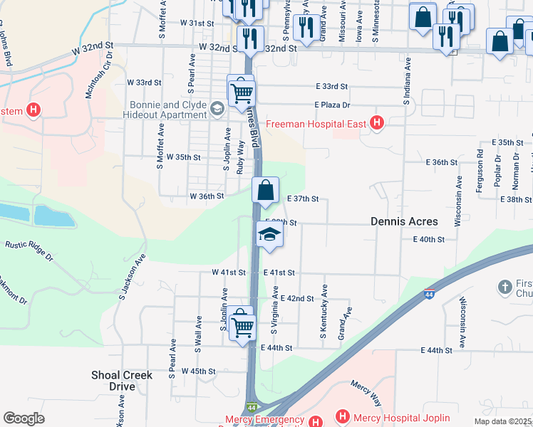 map of restaurants, bars, coffee shops, grocery stores, and more near 109 East 39th Street in Joplin