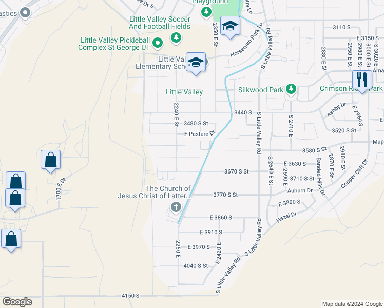 map of restaurants, bars, coffee shops, grocery stores, and more near 3641 South 2640 East Street in St. George