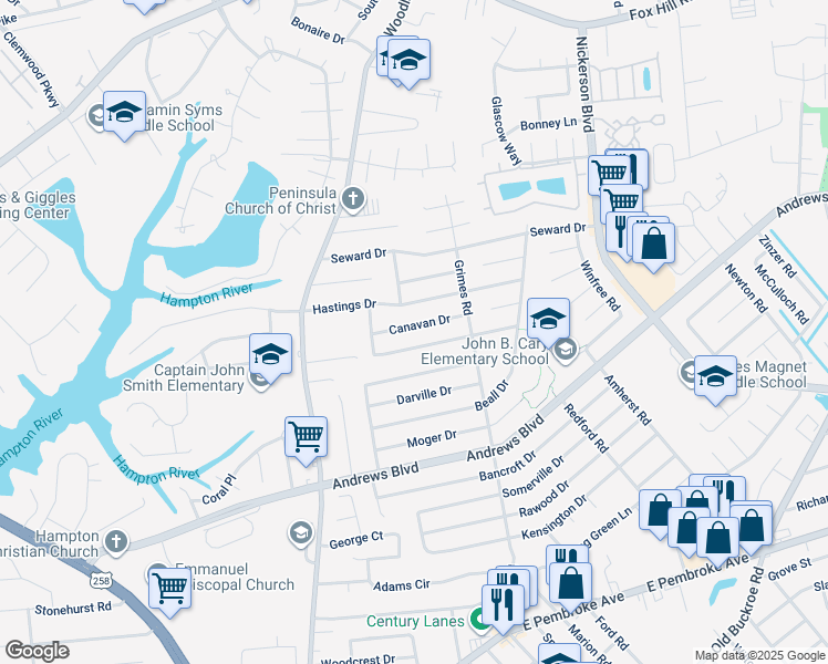 map of restaurants, bars, coffee shops, grocery stores, and more near 1510 Canavan Drive in Hampton